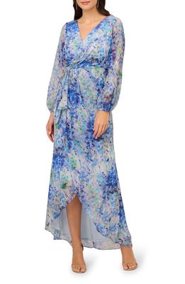 Adrianna Papell Floral Metallic Long Sleeve Chiffon High-Low Dress in Blue Multi