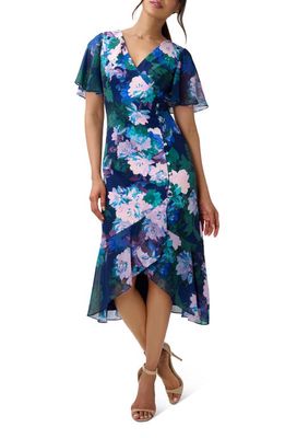Adrianna Papell Floral Print Button Faux Wrap A-Line Dress in Navy Multi