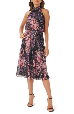 Adrianna Papell Floral Print Chiffon Midi Dress in Black Multi