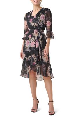 Adrianna Papell Floral Print Faux Wrap Chiffon Dress in Black Multi