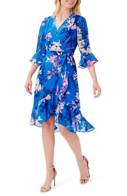 Adrianna Papell Floral Print Faux Wrap Chiffon Dress in Blue Multi
