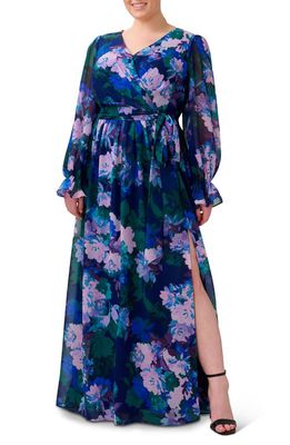 Adrianna Papell Floral Print Long Sleeve Faux Wrap Chiffon Gown in Navy Multi