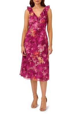 Adrianna Papell Floral Print Ruffle Metallic Dress in Raspberry Multi