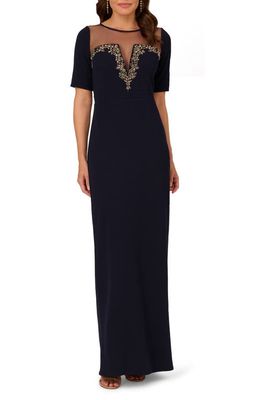 Adrianna Papell Illusion Neck Stretch Crepe Column Gown in Midnight
