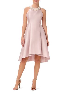 Adrianna Papell Imitation Pearl Halter Neck High-Low Mikado Dress in Bellini
