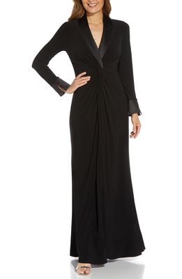 Adrianna Papell Jersey Twist Front Long Sleeve Tuxedo Gown in Black