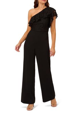 Adrianna Papell Lace Crepe Ruffle One-Shoulder Jumpsuit in Black