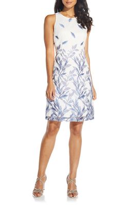 Adrianna Papell Leaf Embroidered Sheath Dress in White/Blue Multi
