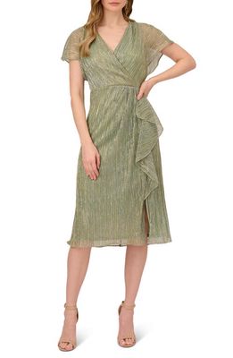 Adrianna Papell Metallic Crinkle Ruffle Dress in Green Slate