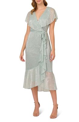 Adrianna Papell Metallic Flutter Sleeve Faux Wrap Dress in Sea Glass