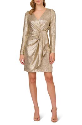 Adrianna Papell Metallic Foil Long Sleeve Knit Faux Wrap Dress in Light Gold