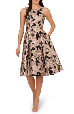 Adrianna Papell Metallic Leaf Jacquard Fit & Flare Cocktail Dress in Black/Blush