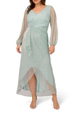 Adrianna Papell Metallic Long Sleeve Mesh High-Low Cocktail Dress in Mint Smoke