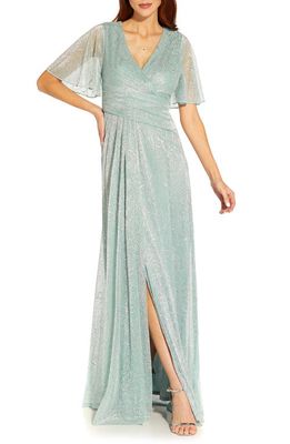 Adrianna Papell Metallic Mesh Drape A-Line Gown in Sea Glass