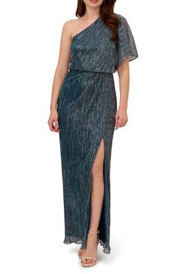 Adrianna Papell Metallic Mesh One-Shoulder Gown in Teal