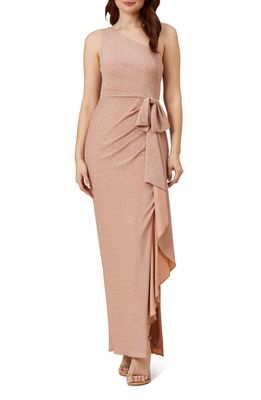 Adrianna Papell Metallic One-Shoulder Cascade Gown in Ginger