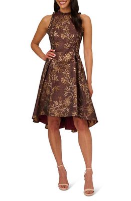 Adrianna Papell Metallic Ruffle Jacquard High-Low Cocktail Dress in Burgundy