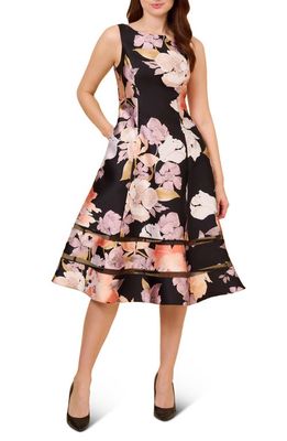 Adrianna Papell Mikado Floral Satin Fit & Flare Midi Dress in Black Multi