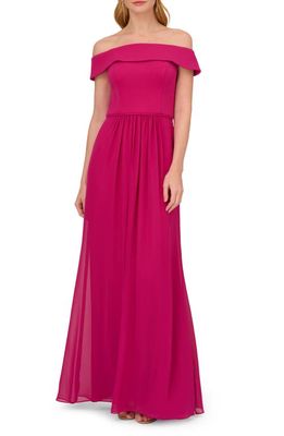 Adrianna Papell Off the Shoulder Crepe Chiffon Gown in Bright Magenta