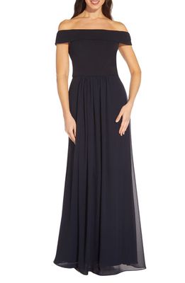 Adrianna Papell Off the Shoulder Crepe Chiffon Gown in Midnight