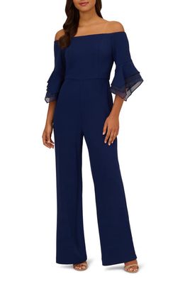 Adrianna Papell Off the Shoulder Wide Leg Organza Crepe Jumpsuit in Navy Sateen