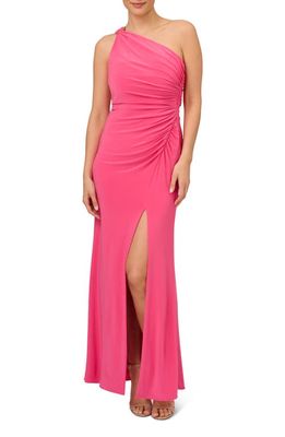 Adrianna Papell One-Shoulder Ruched Jersey Gown in Pink Lotus