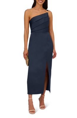 Adrianna Papell Pleat One-Shoulder Crepe Cocktail Dress in Dark Navy