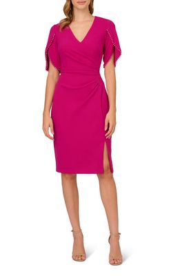 Adrianna Papell Pleated Imitation Pearl Trim Crepe Sheath Dress in Hot Orchid