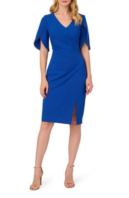 Adrianna Papell Pleated Imitation Pearl Trim Crepe Sheath Dress in Violet Cobalt