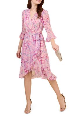 Adrianna Papell Print Long Sleeve Chiffon Dress in Pink Multi