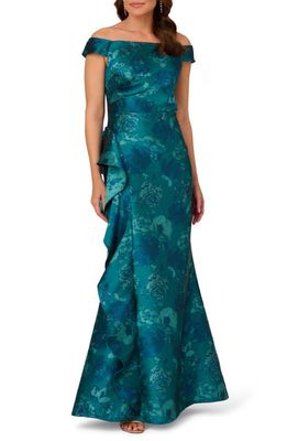 Adrianna Papell Ruffle Off the Shoulder Jacquard Mermaid Gown in Teal Multi