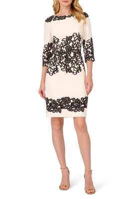 Adrianna Papell Scroll Lace Sheath Dress in Ivory/Black