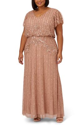 Adrianna Papell Sequin Beaded Blouson Gown in Rose Gold