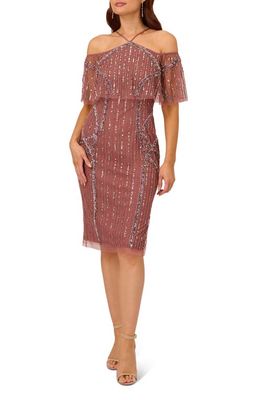Adrianna Papell Sequin Beaded Mesh Cocktail Dress in Plum
