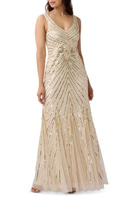 Adrianna Papell Sequin Beaded Sleeveless Gown in Cashmere