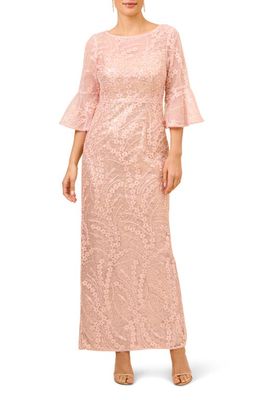 Adrianna Papell Sequin Floral Embroidered Column Gown in Blush Pearl
