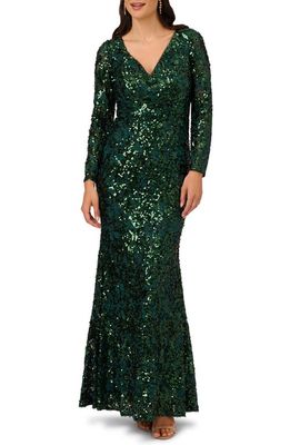 Adrianna Papell Sequin Lace Long Sleeve Gown in Hunter