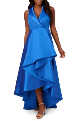 Adrianna Papell Tuxedo High-Low Satin Gown in Ultra Blue