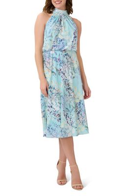 Adrianna Papell Watercolor Floral Halter Neck Chiffon Midi Dress in Light Blue Multi