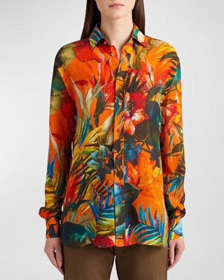 Adrien Tropical-Print Collared Linen Shirt