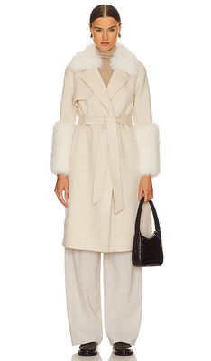 Adrienne Landau Faux Fur Trim Wool Coat in Cream