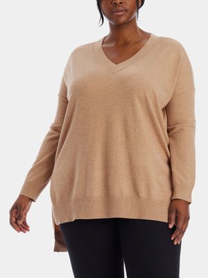Adyson Parker Women's V-Neck Tunic Pullover Sweater in Cozy Camel