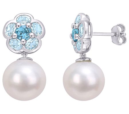 Affinity Cultured Pearl & Blue Topaz Floral Ear rings, Sterling
