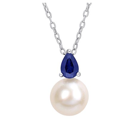 Affinity Cultured Pearl & Created Sapphire Neck lace, Silver