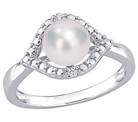 Affinity Cultured Pearl & Created White Sapphir e Ring,Sterlin