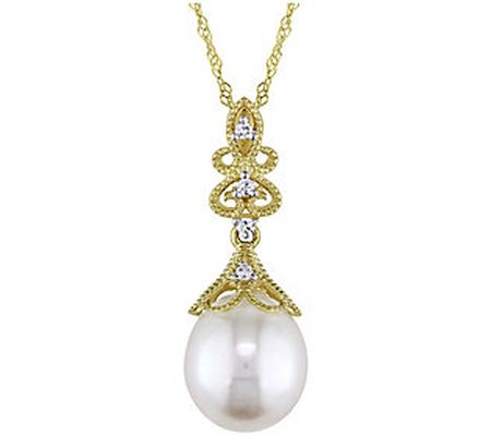 Affinity Cultured Pearl & Diamond Pendant w/ Ch ain, 14K Plate