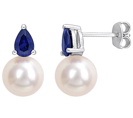 Affinity Cultured Pearl Created Sapphire Earrin gs, Sterling