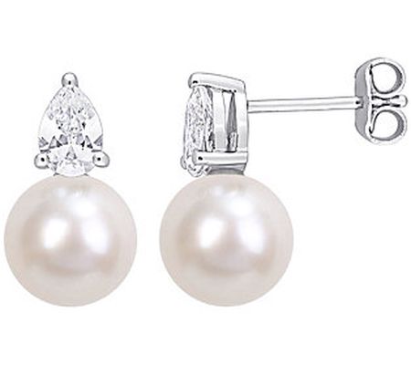 Affinity Cultured Pearl Created Sapphire Stud E arrings, Sterli