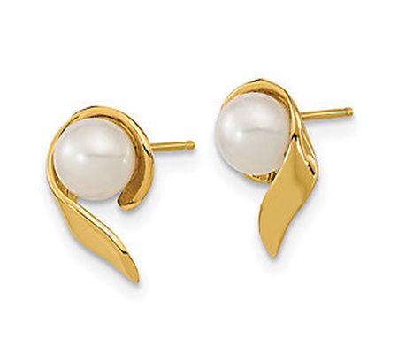 Affinity Cultured Pearl Ribbon Button Earrings, 14K Gold
