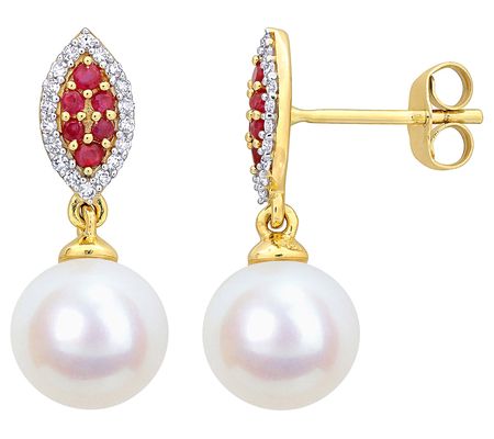 Affinity Cultured Pearl, Ruby & Diamond Earring s, 14K Gold